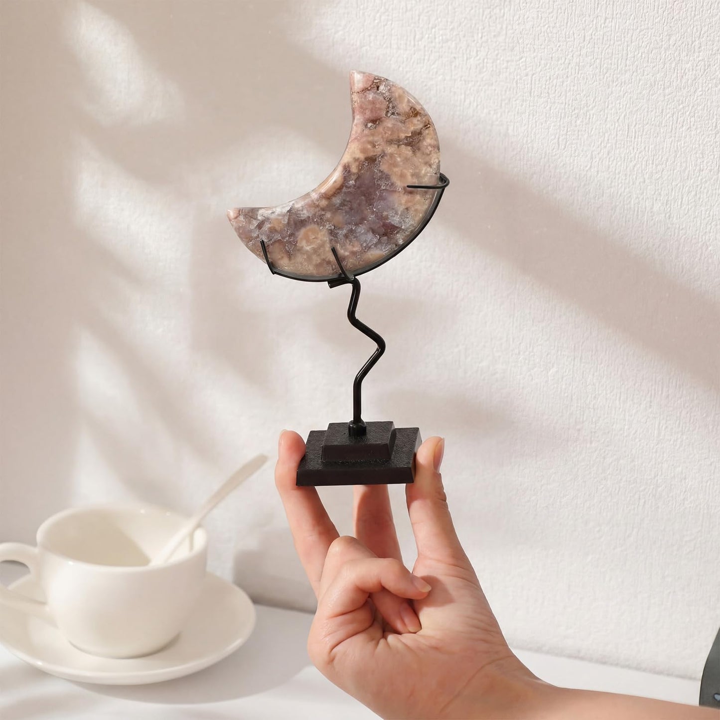BrightRow 4 Pcs Moon Crystal Holder Rock Display Stand Moon Shaped Crystal Display Gemstones Holder Metal Rock Stands with Base for Gemstones Mini Balls Geodes Mineral Agate Home Office Decor (Black)