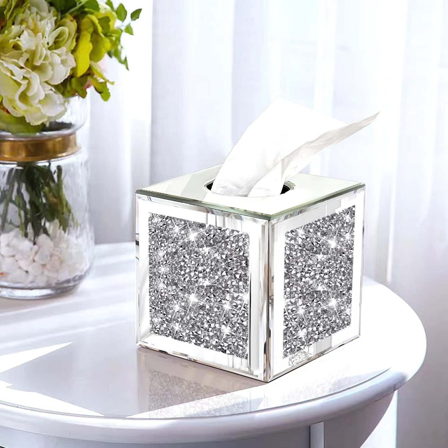 Wocred Square Mirrored Tissue Box Cover,Crystal Crushed Diamond Tissue Box,Silver Luxury Tissue Holders for Either Tissues in a Bathroom or Napkins on a Table.(5.5”x5.5”x5.5”)