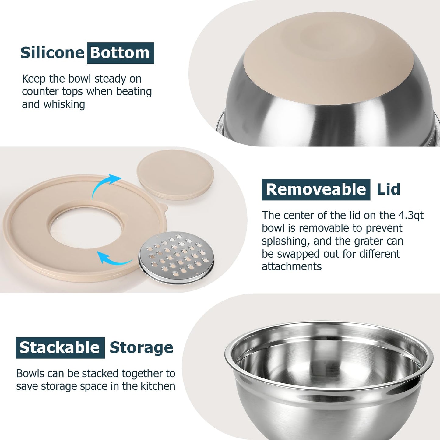 Stainless Steel Mixing Bowls with Airtight Lids Non-Slip Nesting Bowls Set