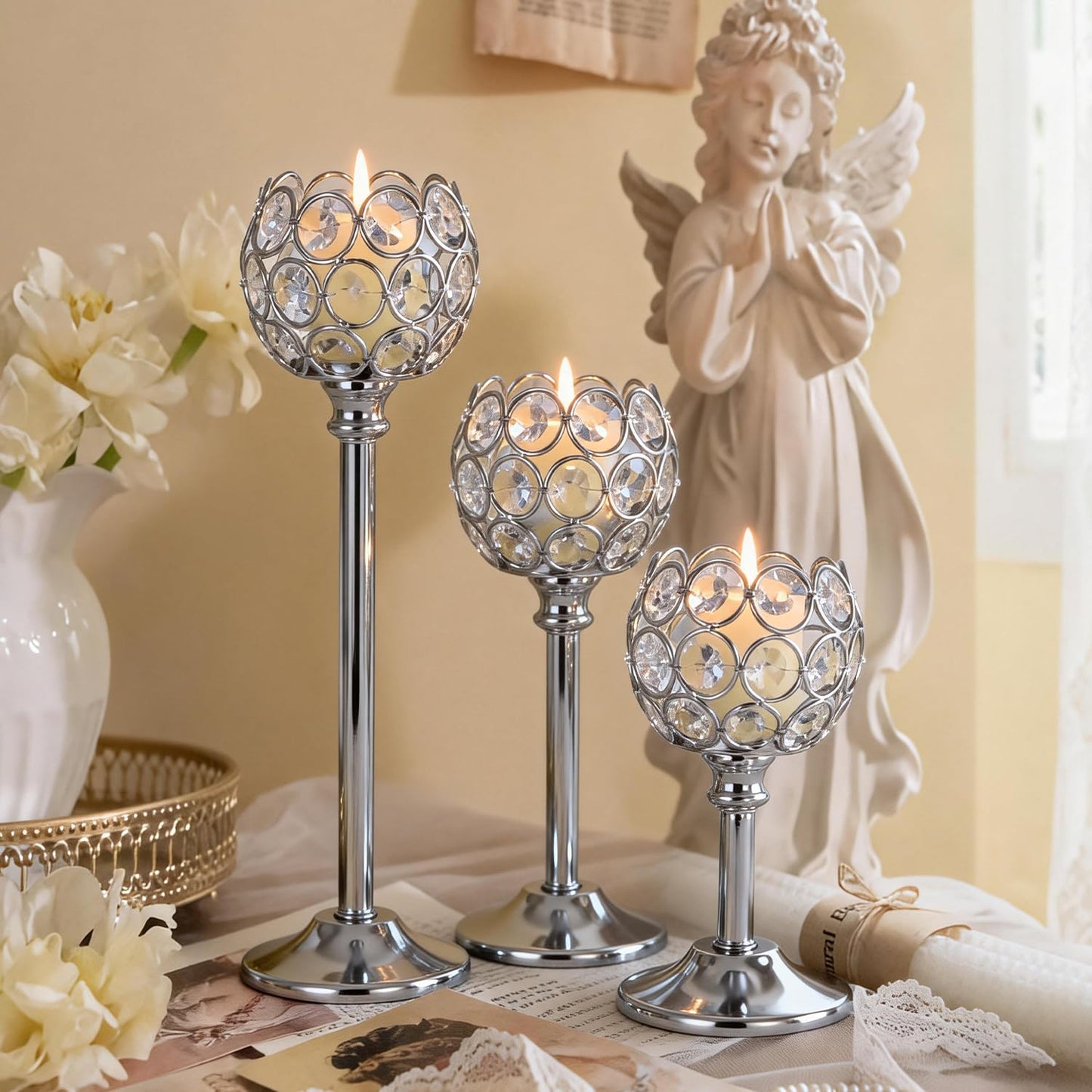 Oakernel Silver Crystal Candle Holders Candlestick Holders - 4 Sets Tall Bling Bowl Candelabra Centerpieces for Dining Table, Wedding, Party & Fireplace Mantel Decor,12Pcs