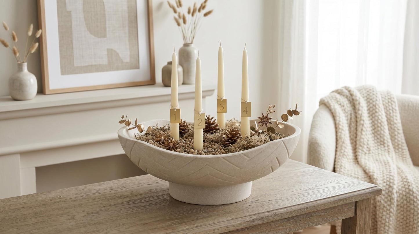 GLIMSDEER Minimalist Decorative Pedestal Bowl, 11.2''D Resin Wavy Catch All Bowl for Keys, Candles, Boho Large Dish for Coffee Table Centerpiece, Entryway Console Table, Beige White
