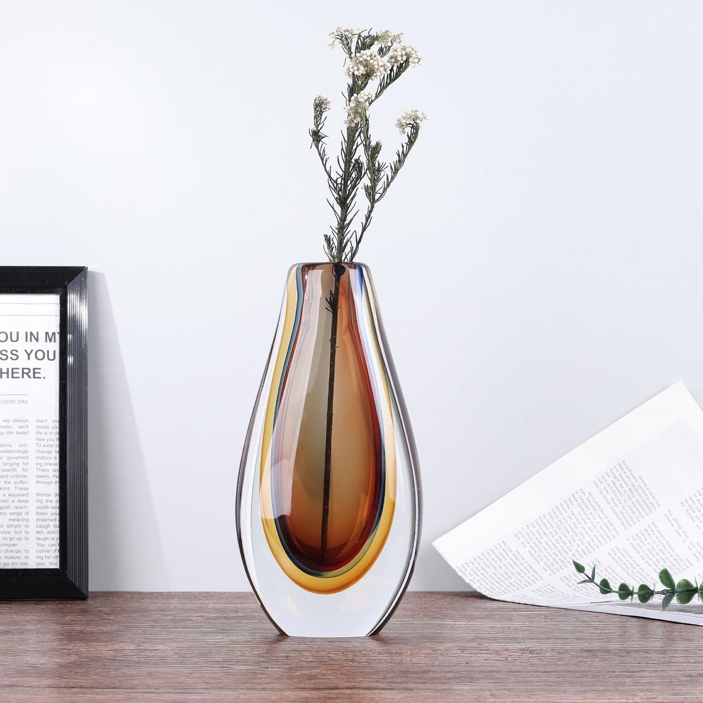 Hand Blown Glass Art vase, Unique Teal Glass Decorative vase, Shelf Decoration for Home Decor Home Living Room TV Stand Coffee Table Office Wedding Table Centerpiece.