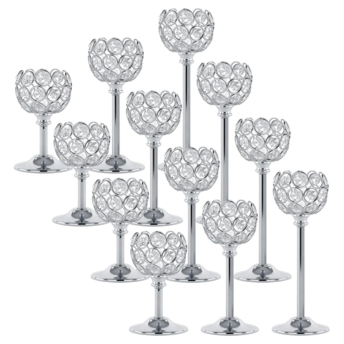Oakernel Silver Crystal Candle Holders Candlestick Holders - 4 Sets Tall Bling Bowl Candelabra Centerpieces for Dining Table, Wedding, Party & Fireplace Mantel Decor,12Pcs