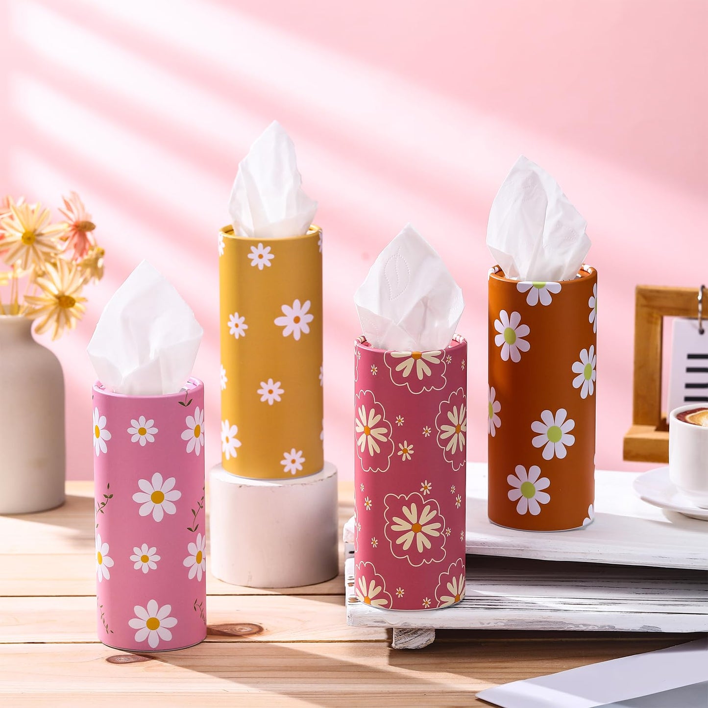 Yoande 4 Pack Car Tissue Holder with Facial Tissues Travel Tissue Tubes Box Round Cylinder Container for Car Cup Holder Home Bathroom Office Wedding Gifts Decor(Daisy)