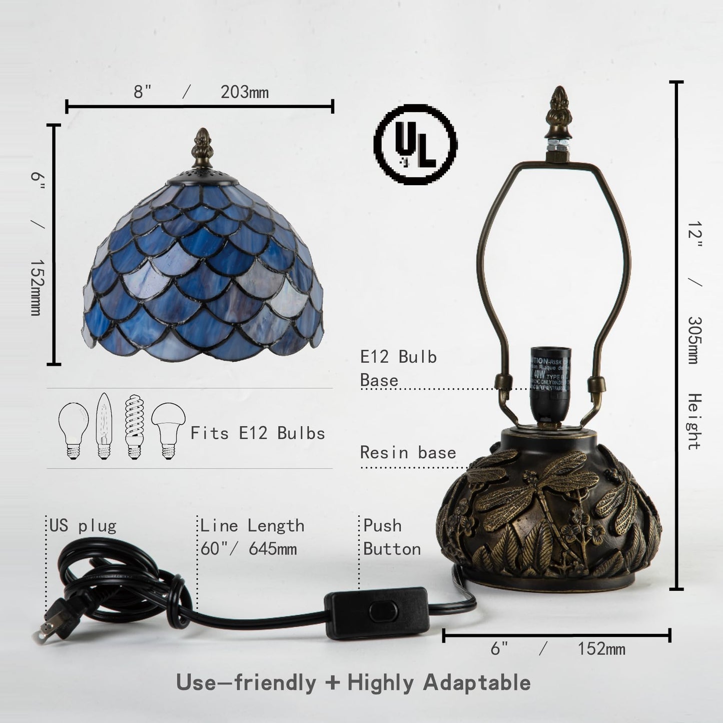 GILGGAK Tiffany Style Table Lamp, Gradient Stained Glass Wisteria Desk Lamp with Antique Bronze Dragonfly Resin Base, Vintage Accent Bedside Light for Bedroom Living Room 8x12 Inch (Blue Fish Scales)