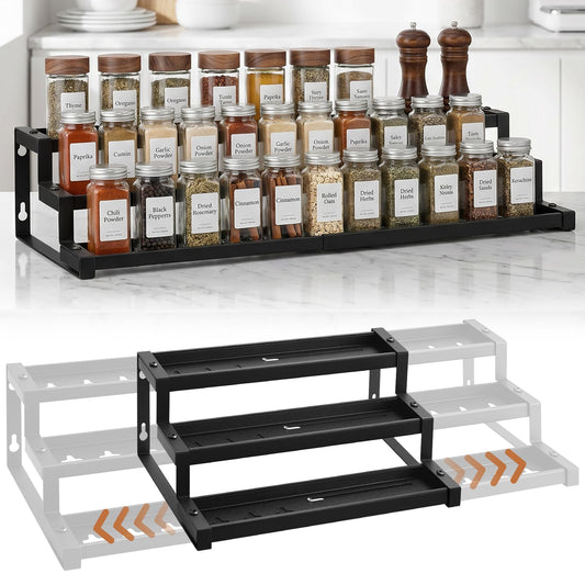 Holismo Expandable Spice Rack Organizer for Cabinet, 3-Tier Adjustable Spice Shelf 16"-29", Seasoning Organizer for Cabinet, Pantry & Countertop, Storage Rack for Jars, Bottles & Cans