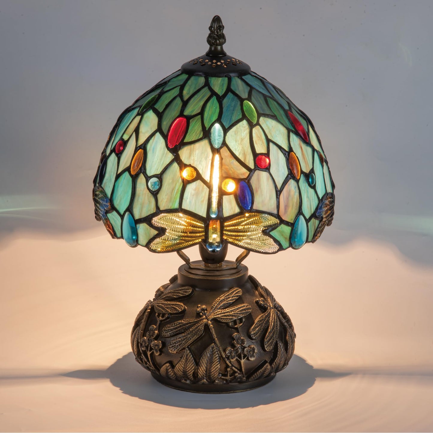 Msrzuds Tiffany Style Stained Glass Mushroom Bedside Table Lamp 8-inch Green Blue Dragonfly Beautiful Shade Nightstand Light for Bedroom Dorm Living Hallway Coffee Table Home Office Housewarming Gift