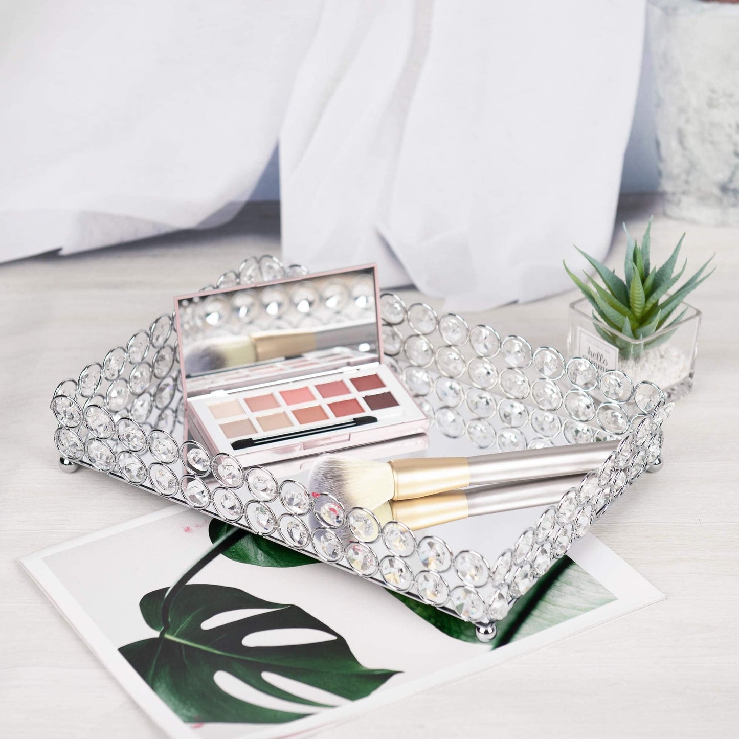 Feyarl Crystal Vanity Makeup Perfume Tray Ornate Jewelry Trinket Organizer Cosmetic Decorative Tray Skin Care Storage for Home Dressing Table Wedding Decoration(Rectangle 12" x 8")