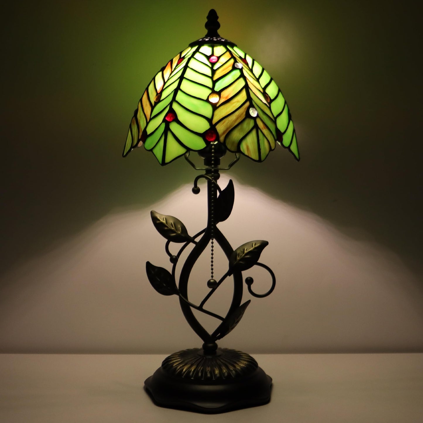 MQYXH Tiffany Style Stained Glass Table Lamp Green Coconut Leaves 18 Inch