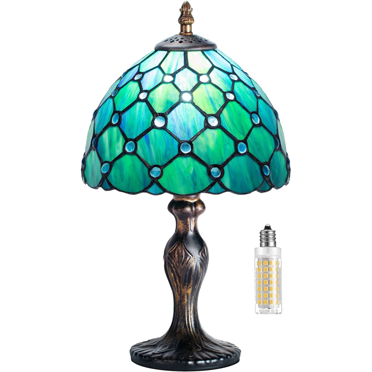 MIAOKE Stained Glass Table Lamp,Stained Glass Crystal Bead Style Table Light, Handmade Desk Bedside Night Light, Antique Art Craft Gifts Lover Living Room Bedroom Bookcase (Green Pearl)