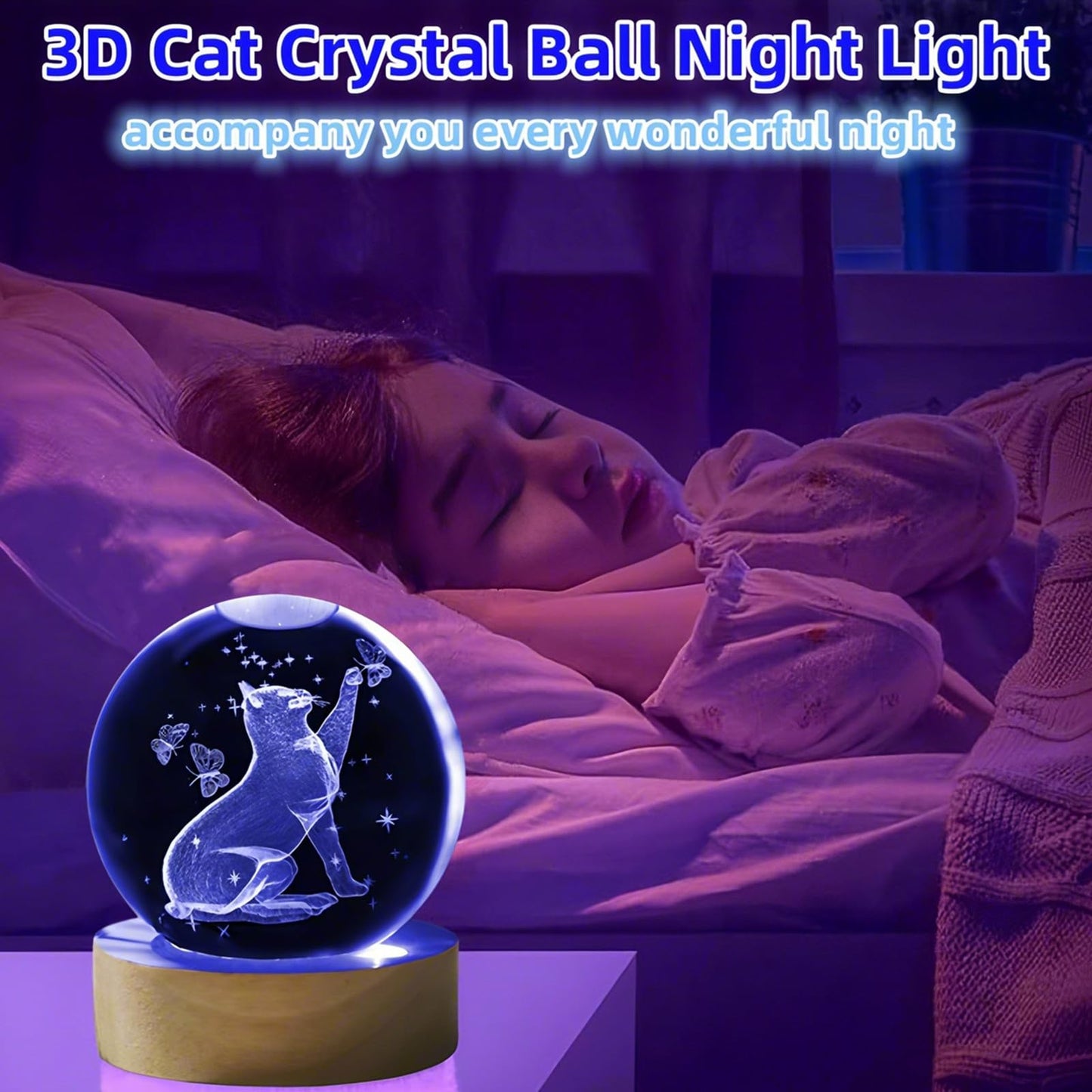 HAKSEIFA 3D Cat Crystal Ball Themed Gifts for Mom Wife Girlfriend Couple Her Cat Lover Gift for Women Birthday Christmas Decorative Glass Ball Decor Night Lamp