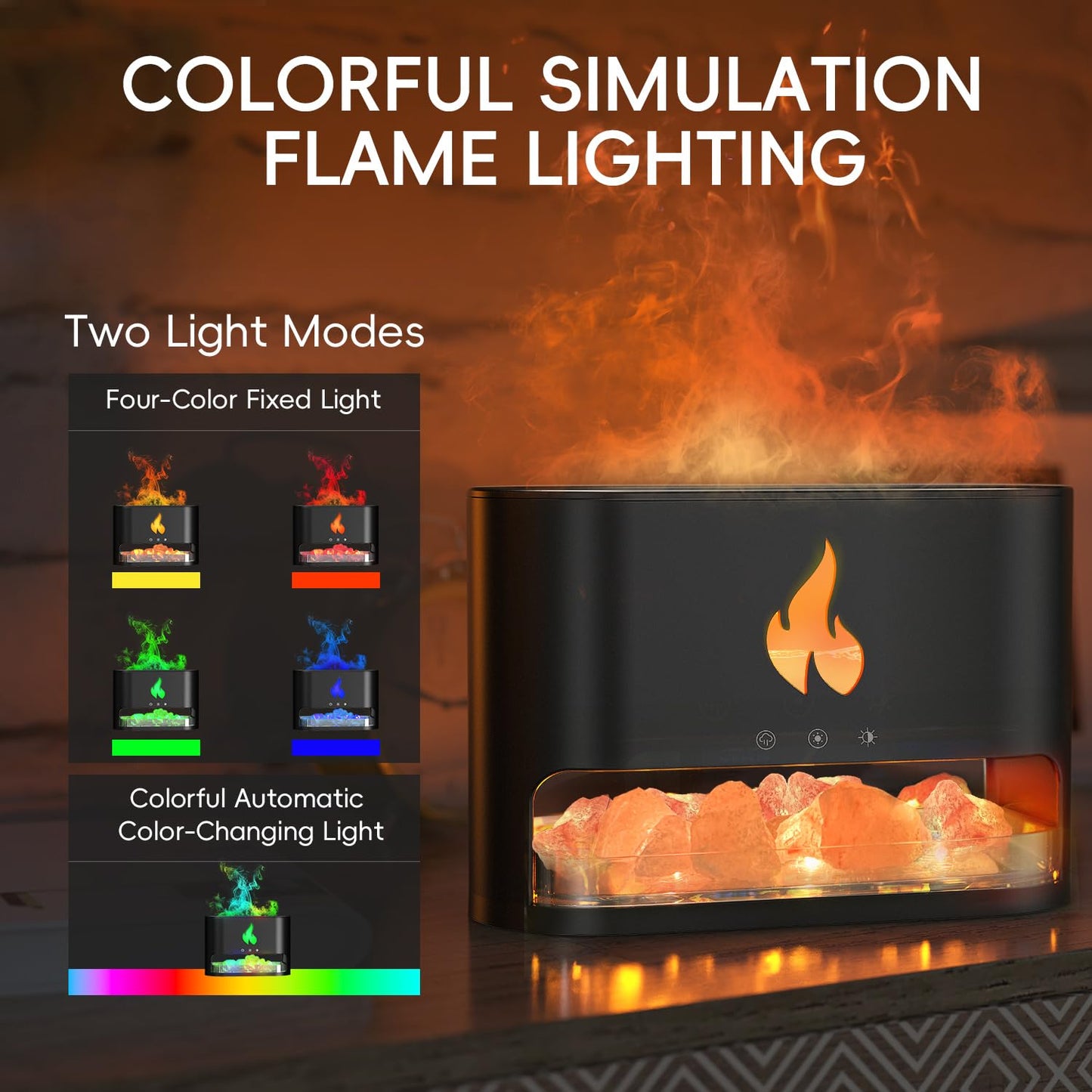 YALEDI Essential Oil Diffuser, Fireplace Flame Fire Oil Diffuser, 250ml Himalayan Salt Lamp Diffuser, Cool Mist Aromatherapy Humidifier with 7 Colors Light, Timer & Auto-Off for Home, Room (Black)