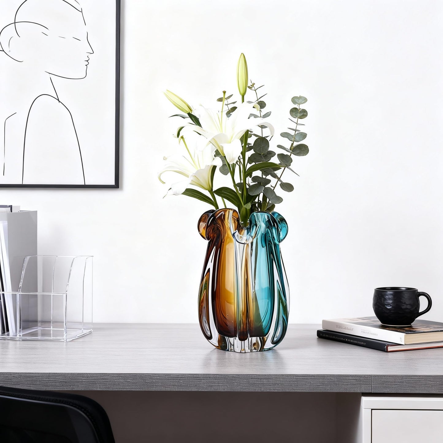Hand Blown Glass vase, Gradient Blue and Amber Thick-Walled Decorative vase, Glass Art Wide-Mouth vase, Suitable for Living Room Coffee Tables, entryway Decor, Offices, and TV Cabinet Accents. (S)