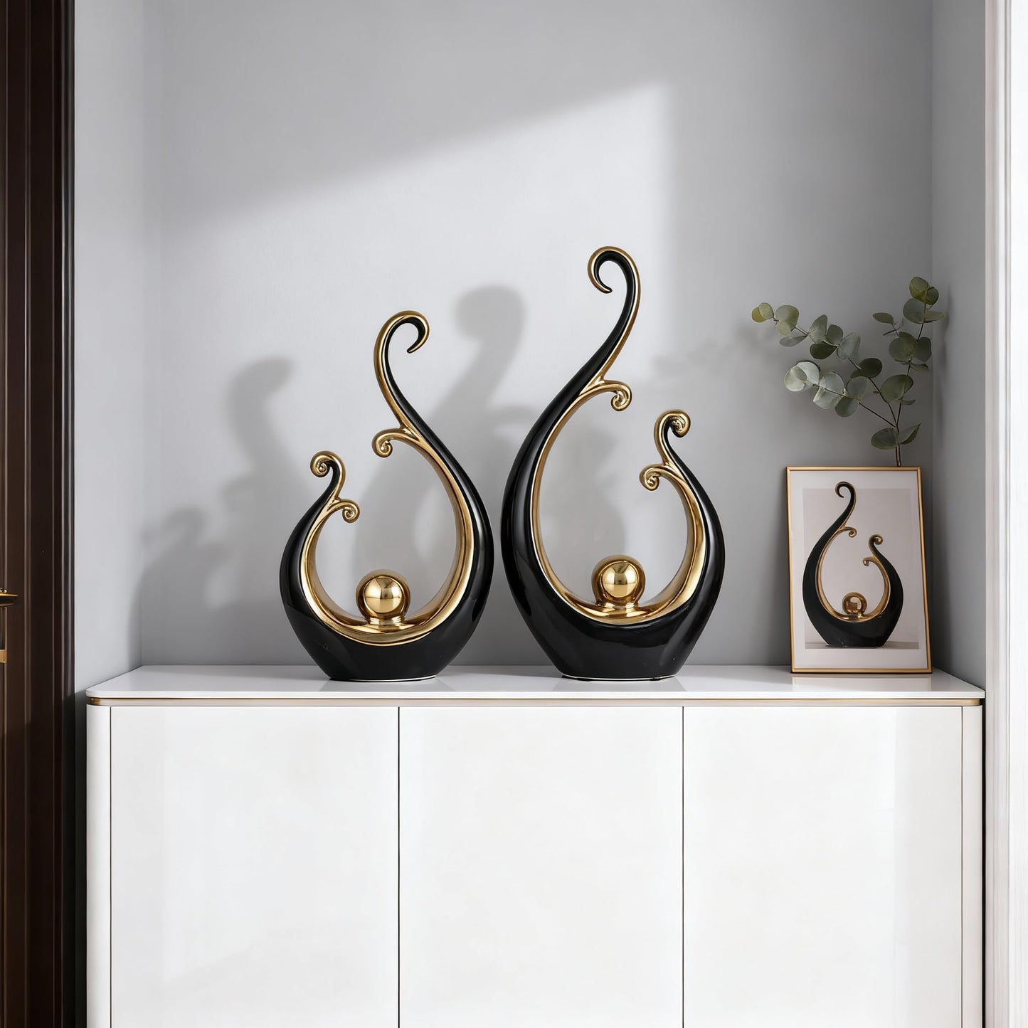 DOVDOV Black and Gold Home Decor, Abstract Ceramic 2-Piece Sculpture Set, Modern mid-Century Art Statues, Perfect for Accent Tables, countertops, Coffee Tables, and entryway Decor.