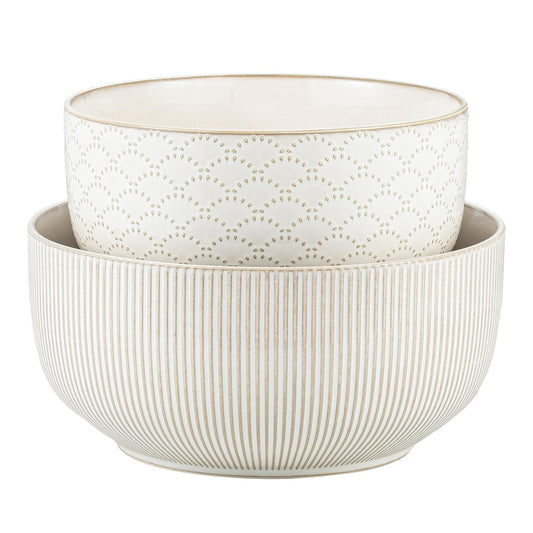 Mikiegy Ceramic Mixing Bowls Set of 2, Nesting Ceramic Embossment Stoneware Mixing Bowls for Cooking, Serving, Popcorn, Salad etc, Microwave & Dishwasher Safe, 98/145 oz, Off-White