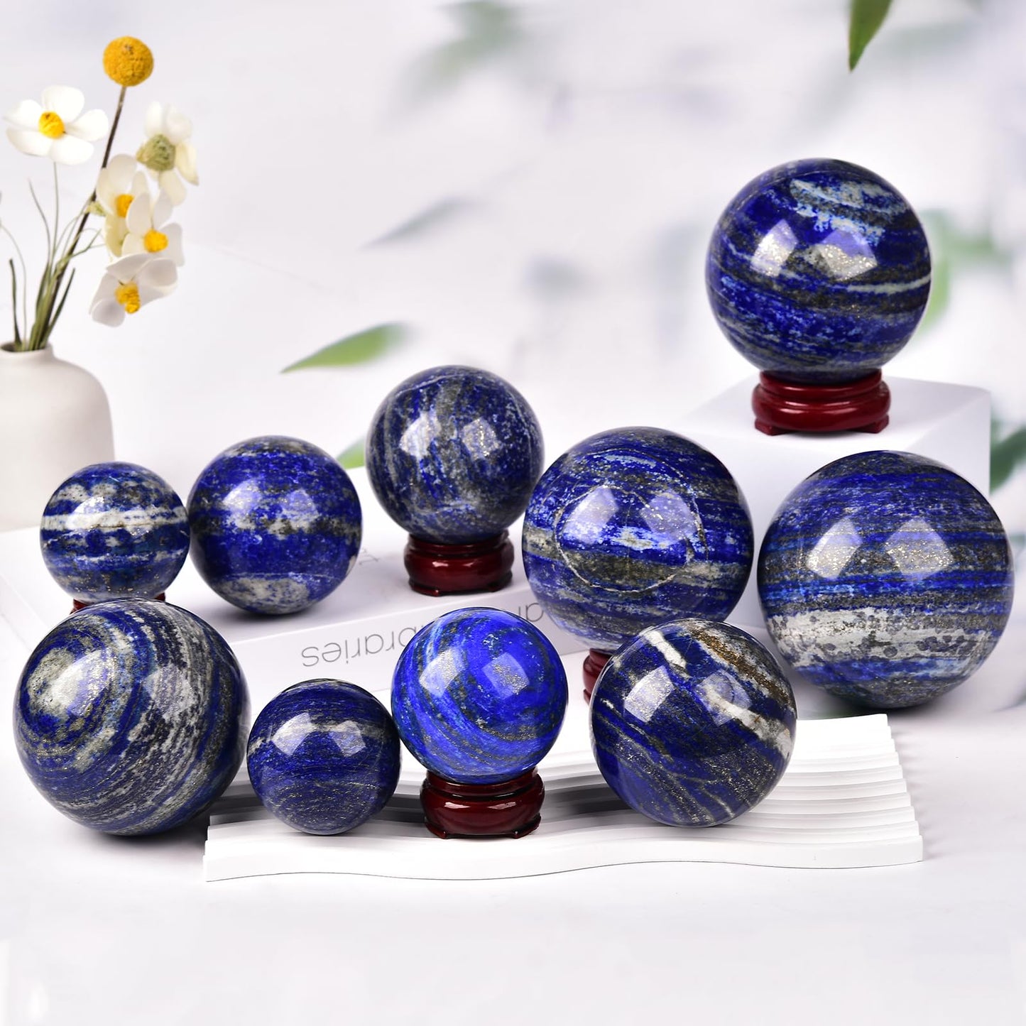 JIC Gem Lapis Lazuli Quartz Crystal Ball with Wooden Stand - Blue Crystal Sphere for Feng Shui Decor & Spiritual Gifts - 60-70mm