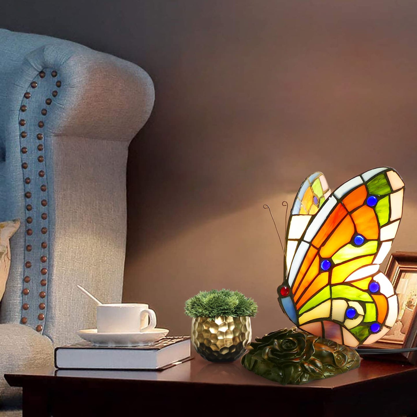 JGWSWQ Butterfly Tiffany Table Lamp, Stained Glass Vintage Night Light