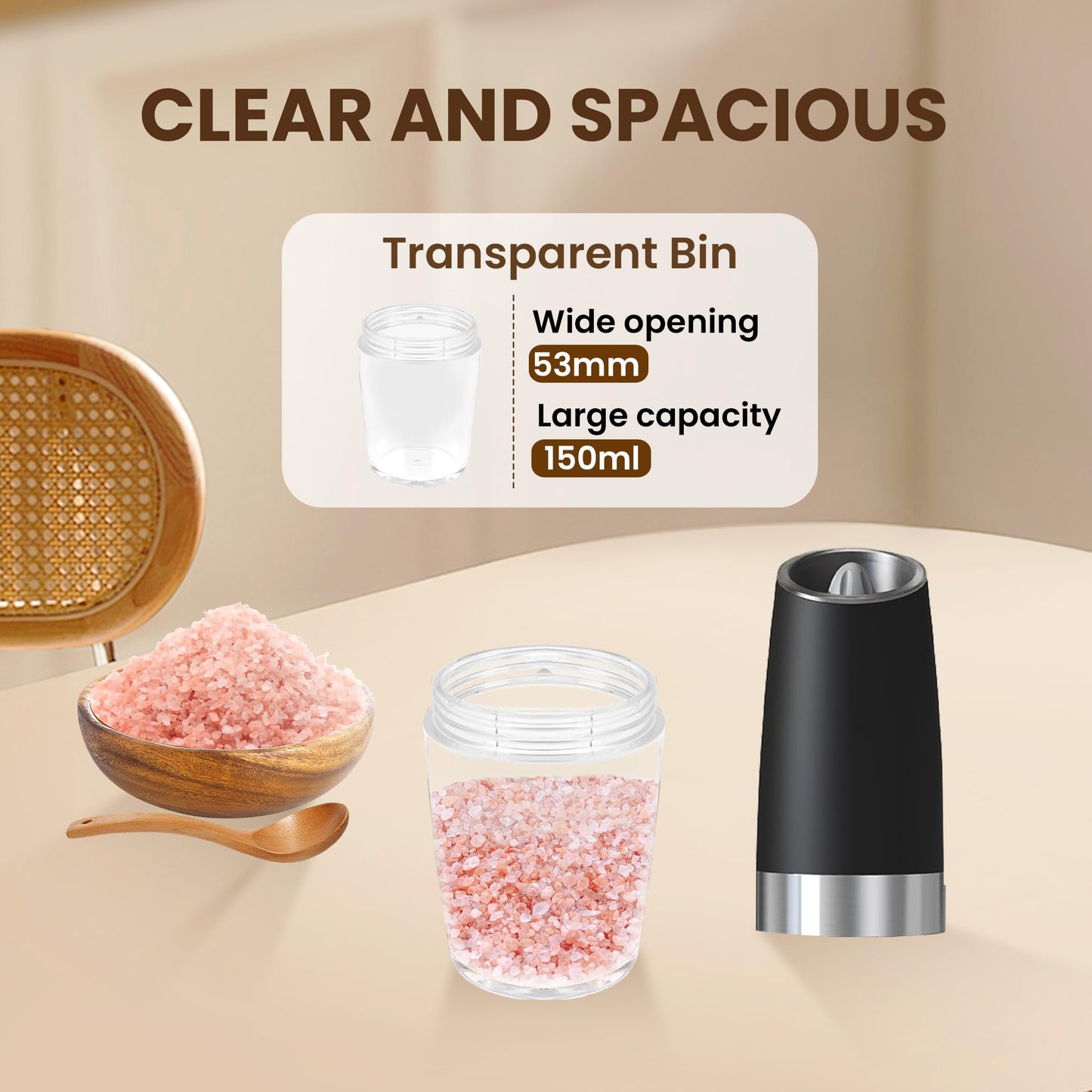 KIARYUOLL Gravity Electric Salt And Pepper Grinder Set, Automatic Salt And Pepper Grinder Set, Battery Powered (6 AAA Batteries Each), Adjustable Roughness, LED Light, 2 Pack, (Black)