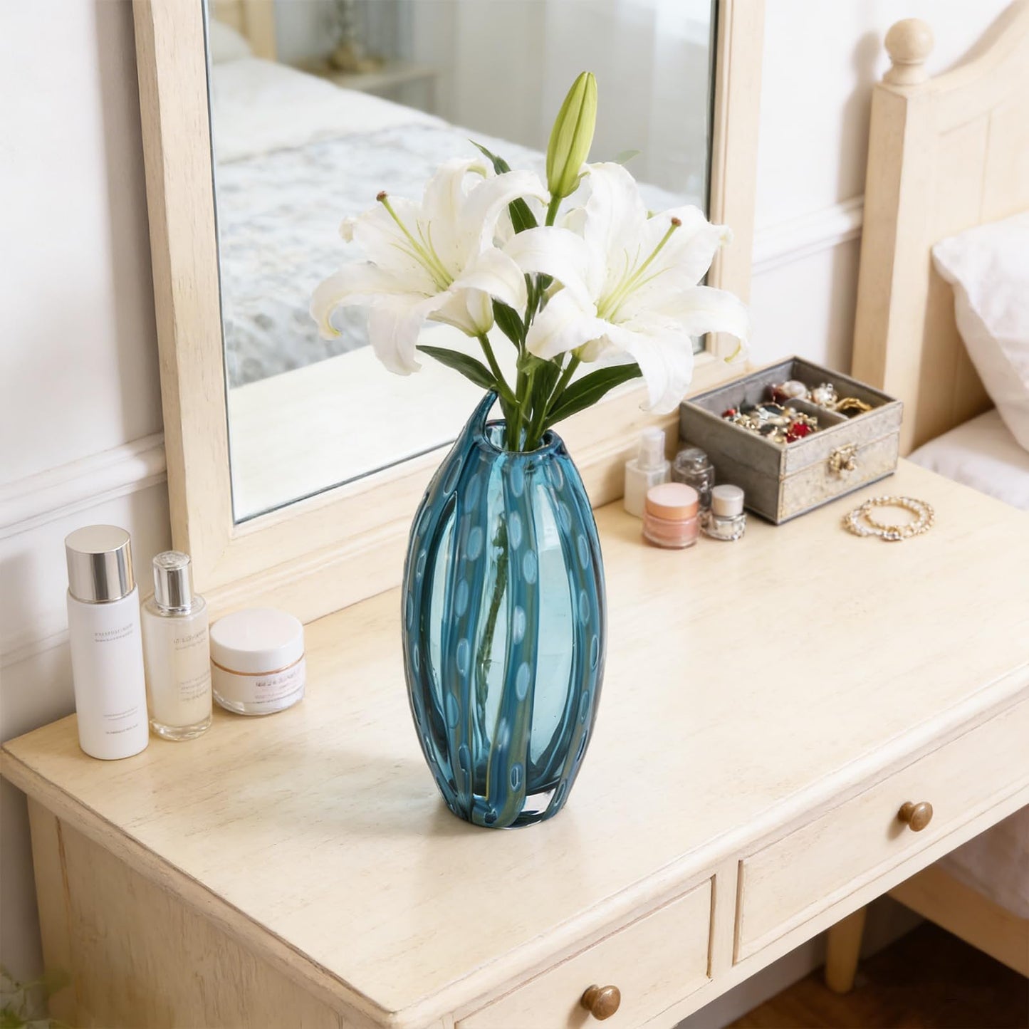 11.81in Hand Blown Blue-Green Glass Vase (White Dots) | vases Home Decor, Dining Room Table Decor, Blue vase, Glass Flower vase, Flower vase Unique Decorative Vase, Table Vase