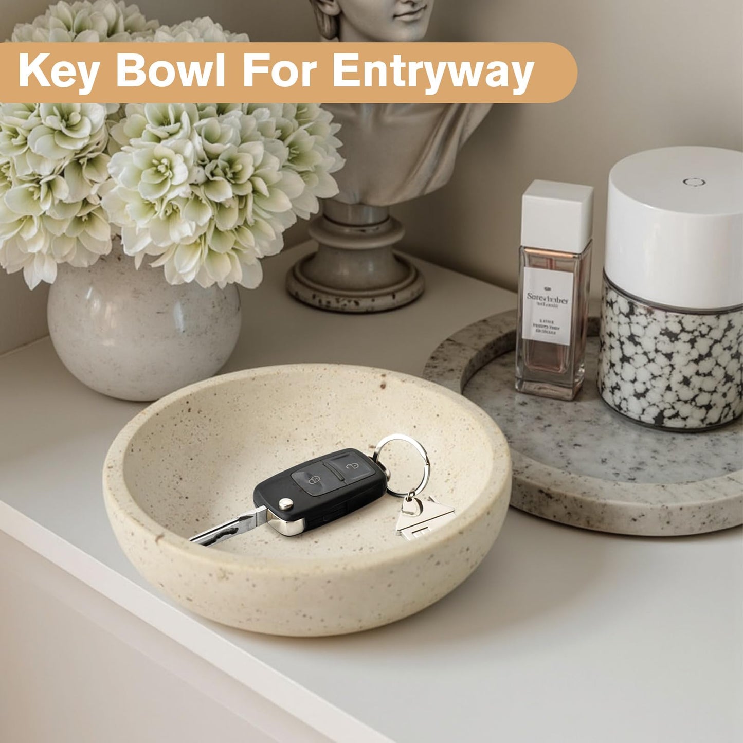 Dendrovia Marble Bowl Decorative, 7.8’’ Entryway Travertine Bowl For Keys Fruit Candy Jewelry, Natural Stone Bowls for Entry Table, Organic Modern Home Decor for Centerpieces, Beige