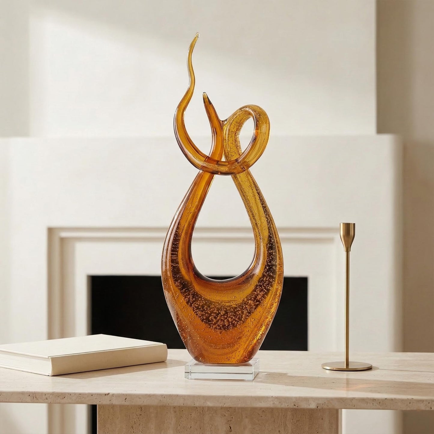 LCCCK 21.7in Tall Abstract Glass Sculpture Knot Spiral Statue, Amber Hand Blown Glass Art Decor for Home Living Room Bedroom Shelf Mantel Tabletop Display Decorative Figurine