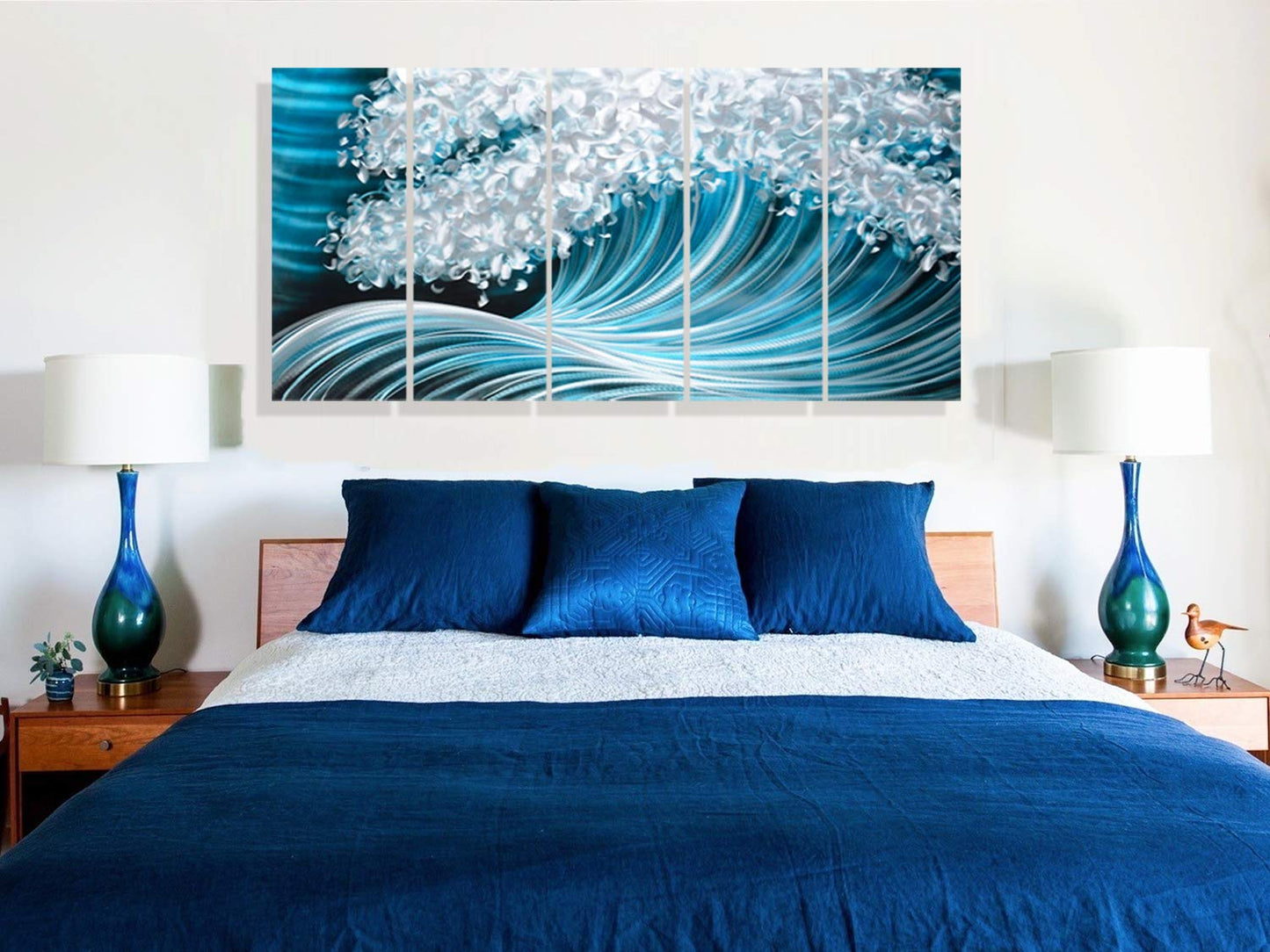 RICHSPACE ARTS Metal Wave Wall Art Large Horizontal Paintings Contemporary Blue Accents Home Decor Coastal Nautical Ocean Artwork on Aluminum for Office Living Room Bedroom Home Walls