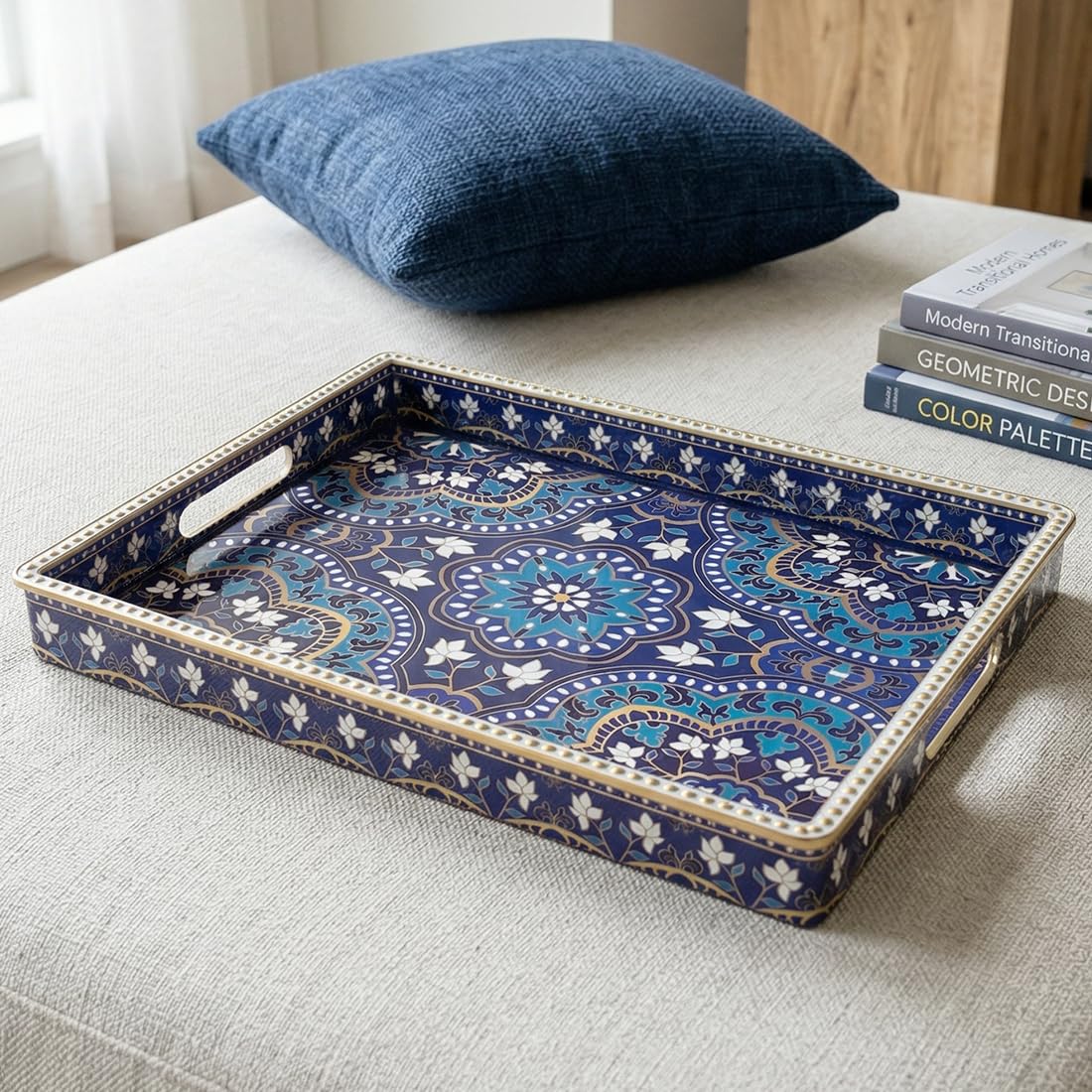 UOEKCS Boho Serving Tray with Handles, Large Rectangular Decorative Ottoman Tray with Gold Beaded Rim, Blue Floral Mandala Design, for Coffee Table, Kitchen Counter, Vanity, 15.7”x11.8”