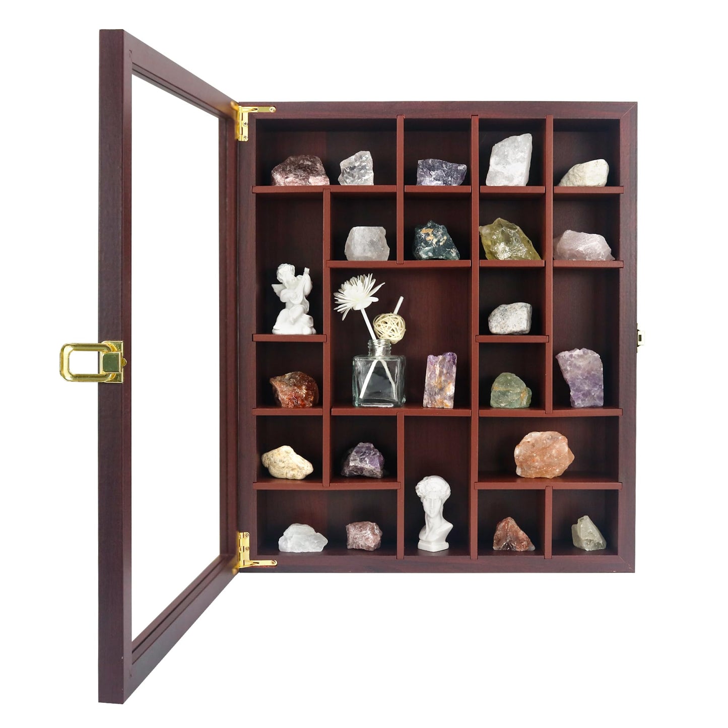 FramePro Rock Display Case - Adjustable Mineral Collection Box with Glass Lid, Wooden Cabinet for Rock, Fossil, Crystal, Seashell Collections - Geology Gift for Adults/Kids (16" x 13.5", Brown)