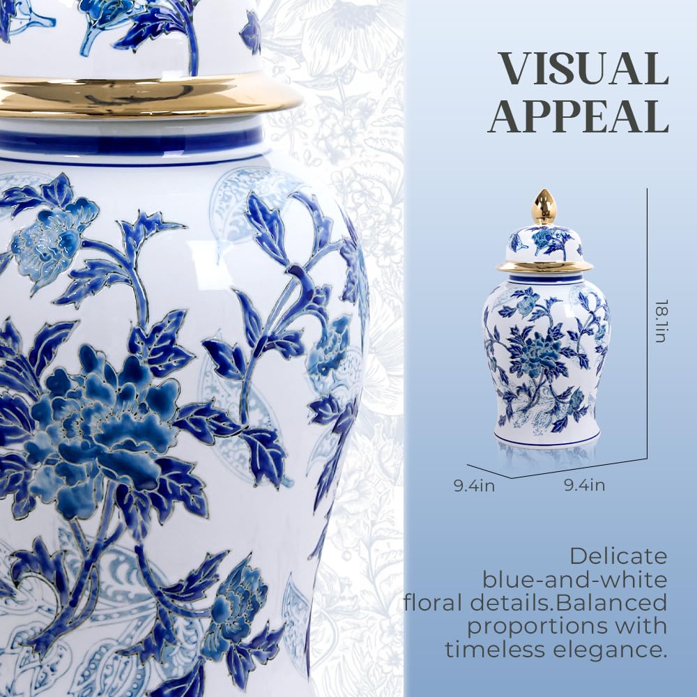 Andaliz Large Blue and White Ceramic Ginger Jar with Gold, 18.1 Inch Floral Vase Floor Decor for Living Room, Entryway Home Accent