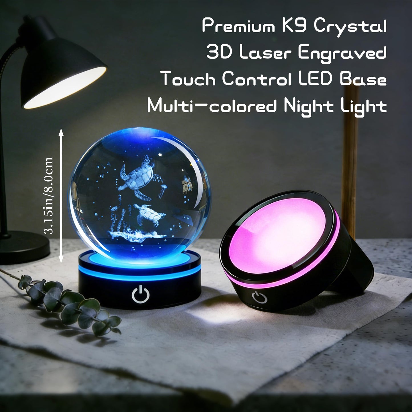 QIANCHANG Sea Turtle 3D Crystal Ball with LED Stand, 80mm Glass Sphere Night Light Lamp, Ocean Animal Crystal Figurines Collectibles, Turtle Lover Gifts for Men & Women