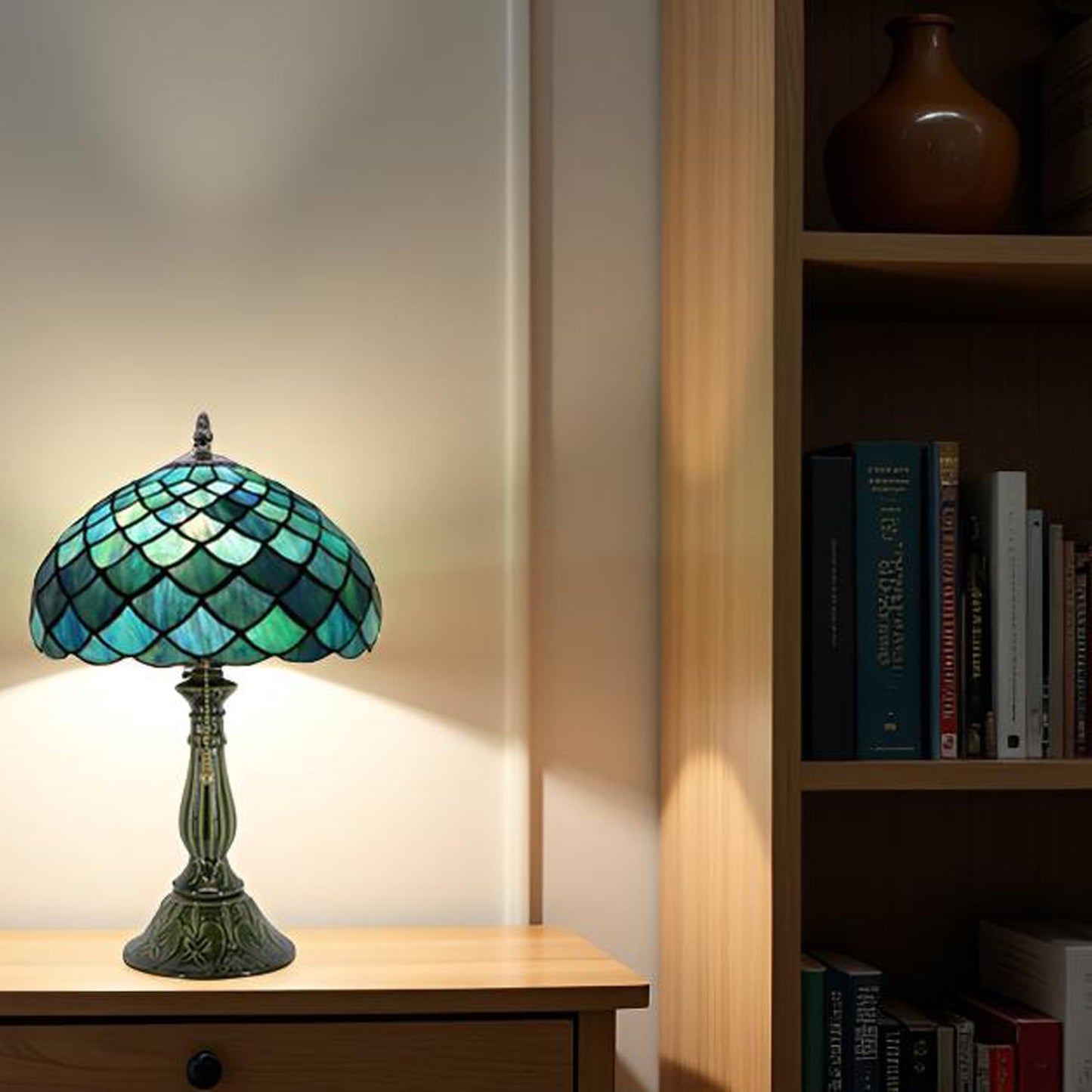 MQYXH Tiffany Style Stained Glass Table Lamp 18.5 Inch - Blue Fish Scales