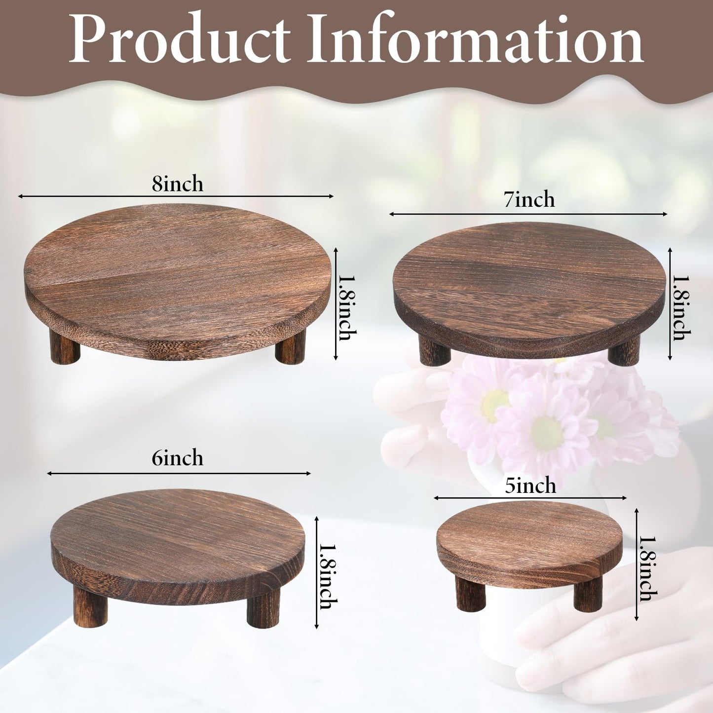 IANFAN 4 Pcs Round Wooden Risers for Display, Wood Pedestal Stand Mini Tiered Tray Stand Rustic Wooden Riser Holder for Home Decor Kitchen Counter, 4 Size(Brown)