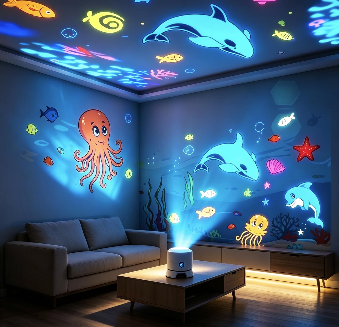 Yinhamnl Dynamic Rotating LED Projector Ocean Light, 2-in-1 LED Ocean Light Projector, 360° Rotating USB Rechargeable Night Light Projector for Bedroom Home Decor Gifts