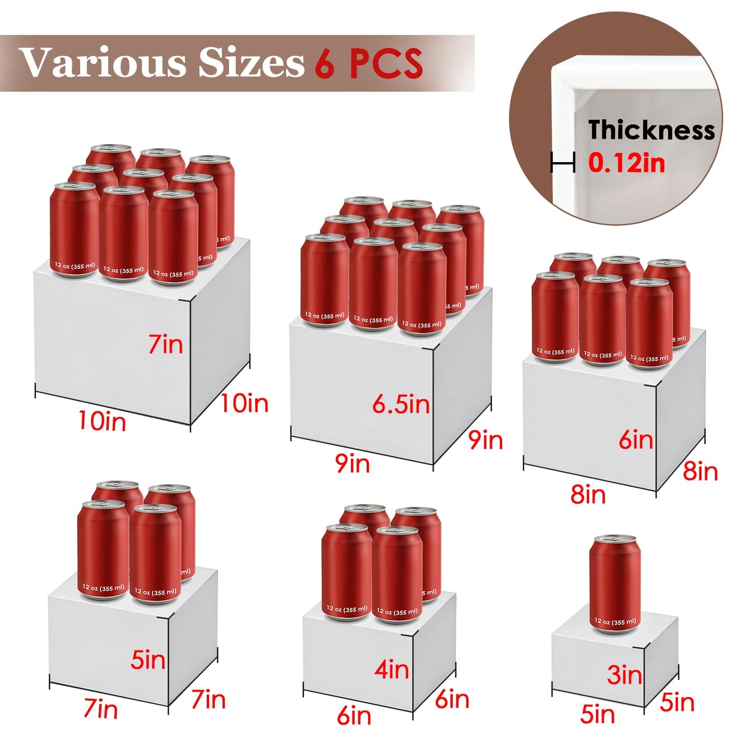 6Pcs White Buffet Risers Set (Size 5",6",7",8",9",10"),Food Risers for Buffet Table Display Stand Shelf for Party Catering Dessert Collectibles Acrylic Cube Boxes Display with Hollow Bottoms