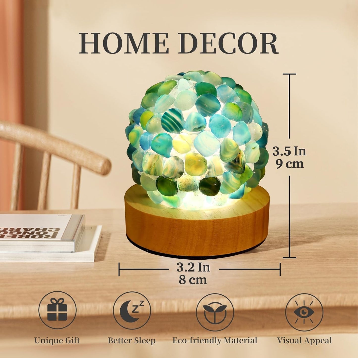 Nizrsky Blue Agate Lamp,Healing Crystals Night Light with Wooden Baseor for Yoga Balance, Reiki Healing, Meditation,Small Tiffany Ball Table Lamp for Bedroom Living Room