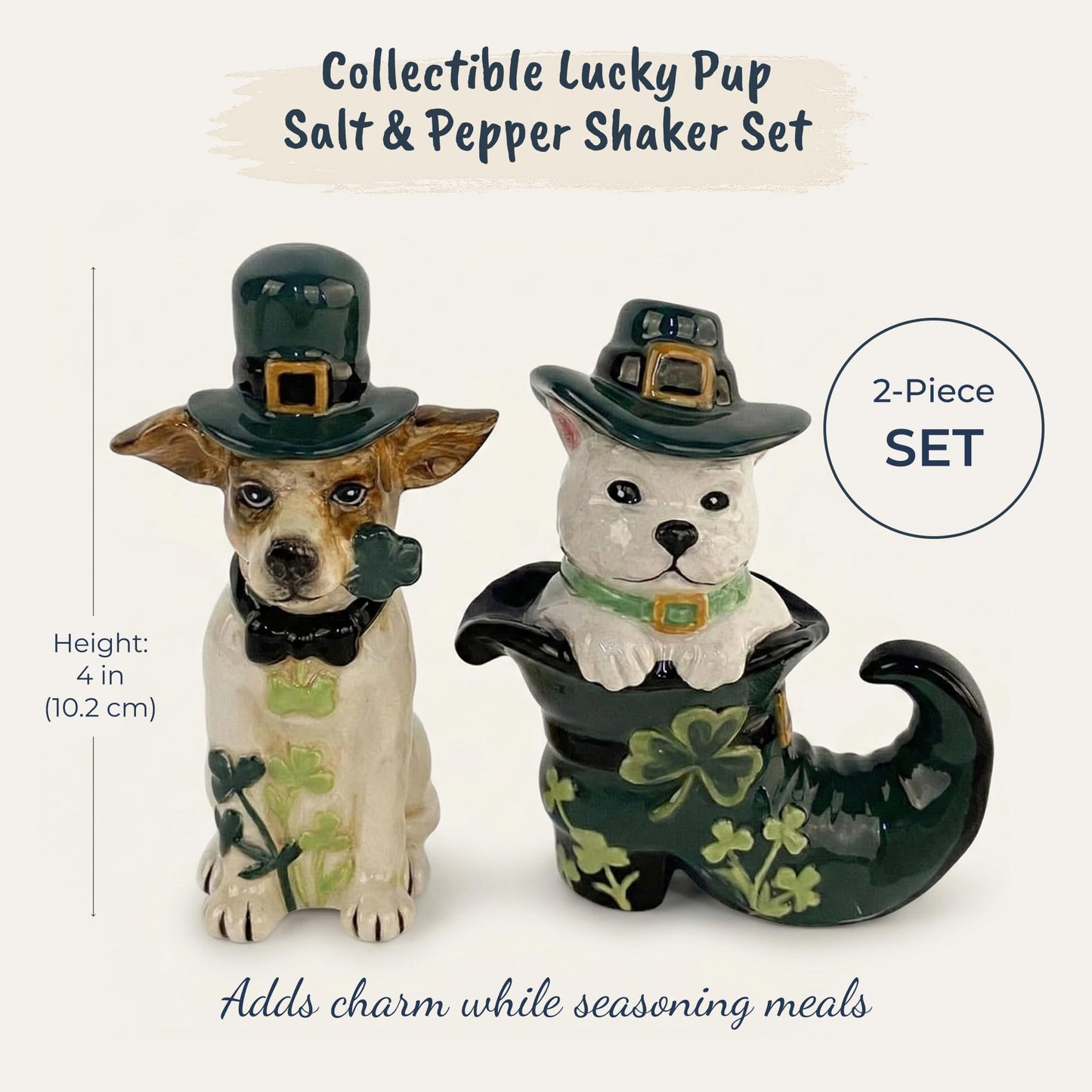 Blue Sky Clayworks Dogs Salt & Pepper Shaker Set, 5" L x 2" W x 4" H, Leprechaun Hat Pups with Clover Wink