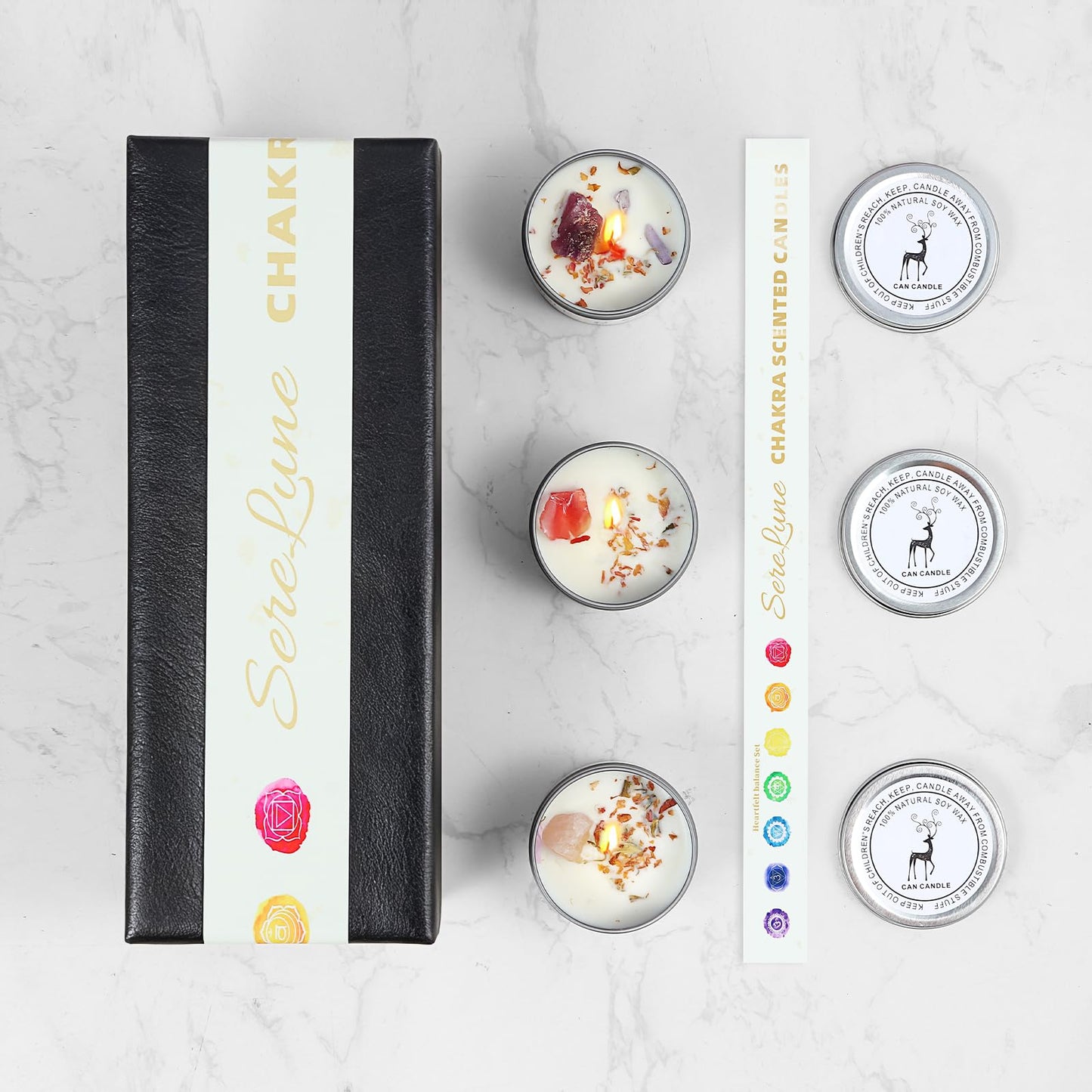 SereLune Chakra Crystals Candle, 3 Scented Soy Candles with Crystals, Spiritual Gifts for Women, Birthday Gift, Aromatherapy Chakra Candle with Healing Stones, Healing Candles (Heartfelt Balance Set)