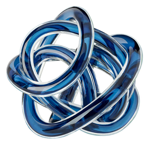 Torre & Tagus Orbit Hand Blown Glass Infinity Knot Sculpture - 4.5 Inch Glass Art Blue Knot Decor Ball for Home Decor, Small Centerpiece Table Decoration for Home Interior (Indigo Blue)