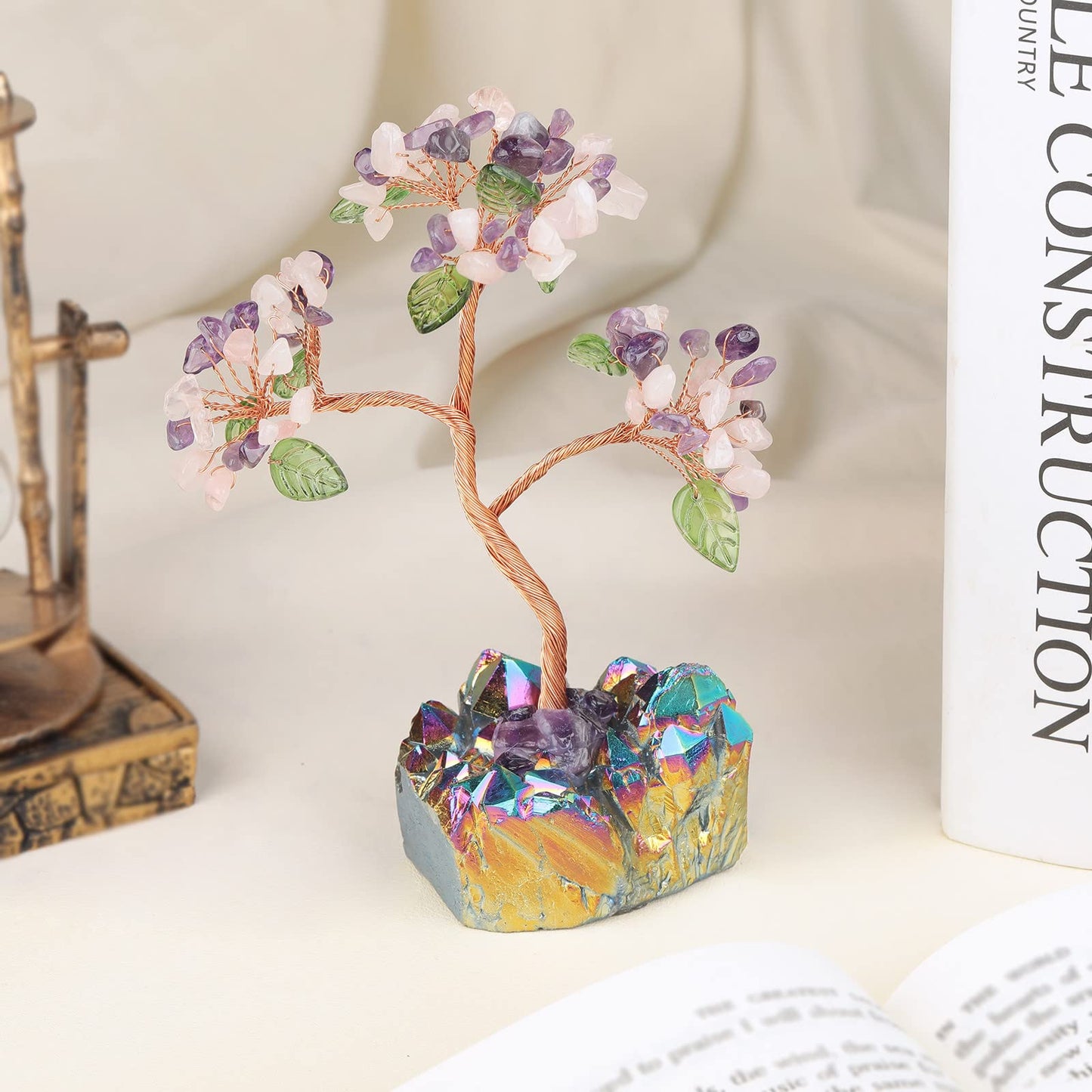 rockcloud Amethyst & Rose Quartz Crystal Money Tree in Titanium Coated Base