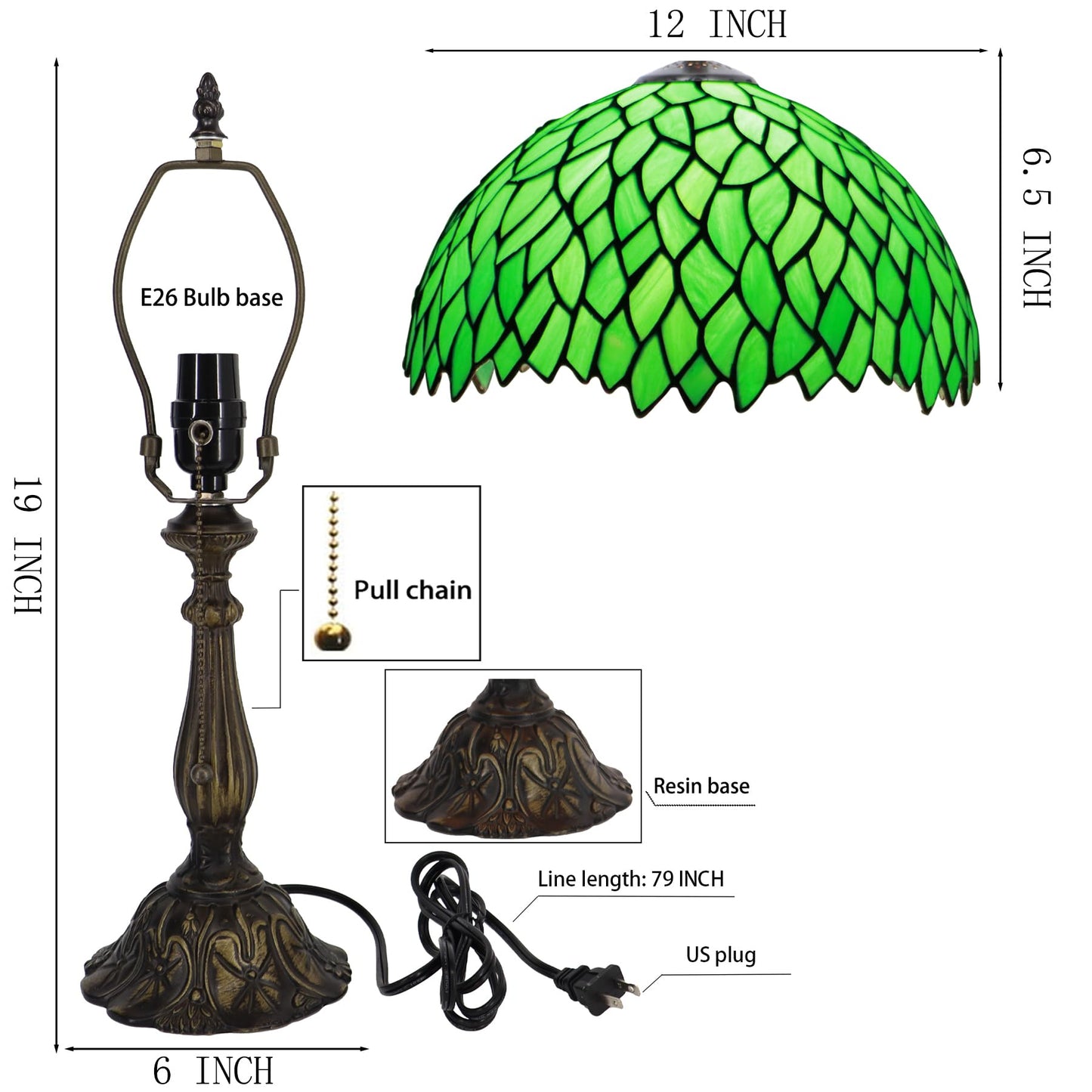 LXHCYOU Tiffany Lamp Stained Glass Table Lamp Bedside Reading Light W12H19 Inches (Green Wisteria)