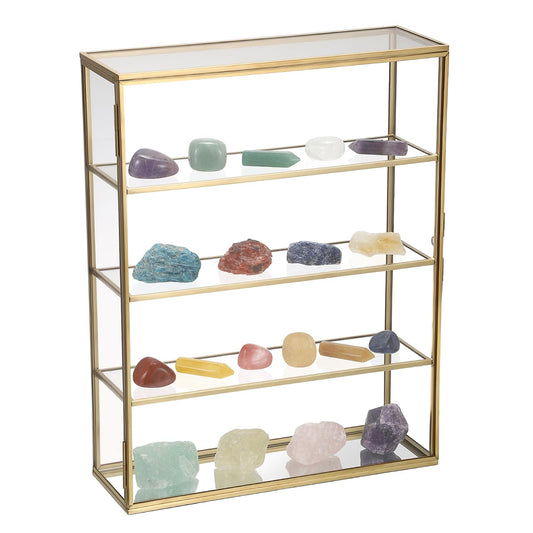 JUXYES 4 Tiers Tabletop Brass Glass Rock Display Case with Latch Door, Modern Clear Rocks Display Case Box with Mirror Bottom, Gold Dust Proof Case for Collectible, Mineral Crystal, Stones