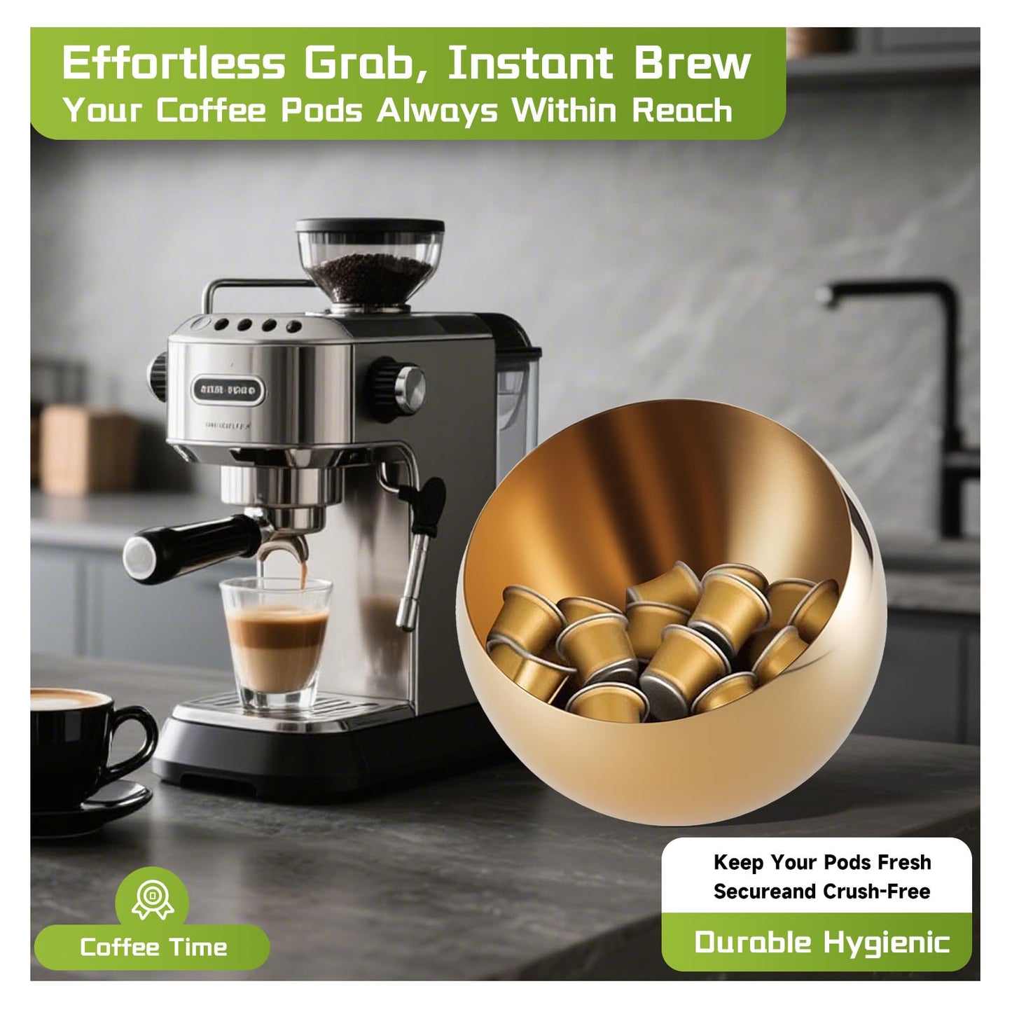 GYYVES Slim Stainless Steel Coffee Pod Holder - High-Capacity Minimalist Organizer to Declutter Your Espresso Pods - For an Organized Coffee Bar (Gold, M)