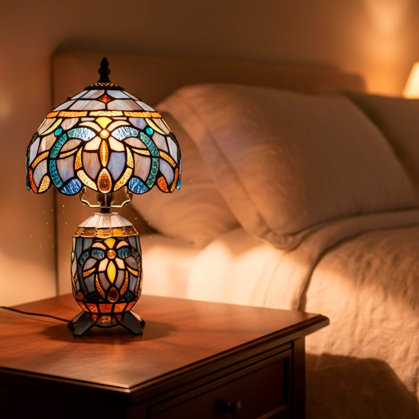 TCODTPOL Small Tiffany Stained Glass Table Lamp 8X14 Inches (Blue Purple)