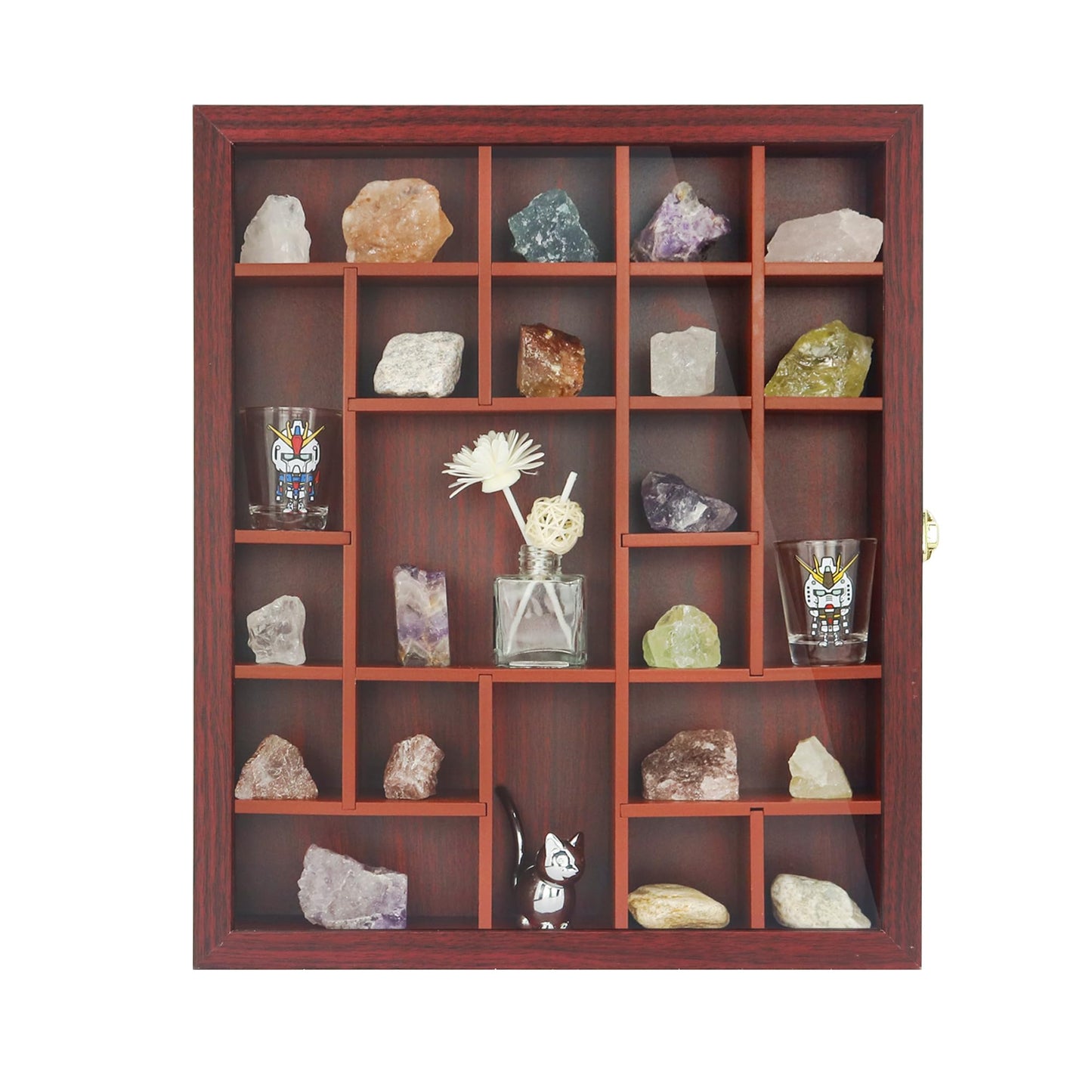 FramePro Rock Display Case - Adjustable Mineral Collection Box with Glass Lid, Wooden Cabinet for Rock, Fossil, Crystal, Seashell Collections - Geology Gift for Adults/Kids (16" x 13.5", Cherry)