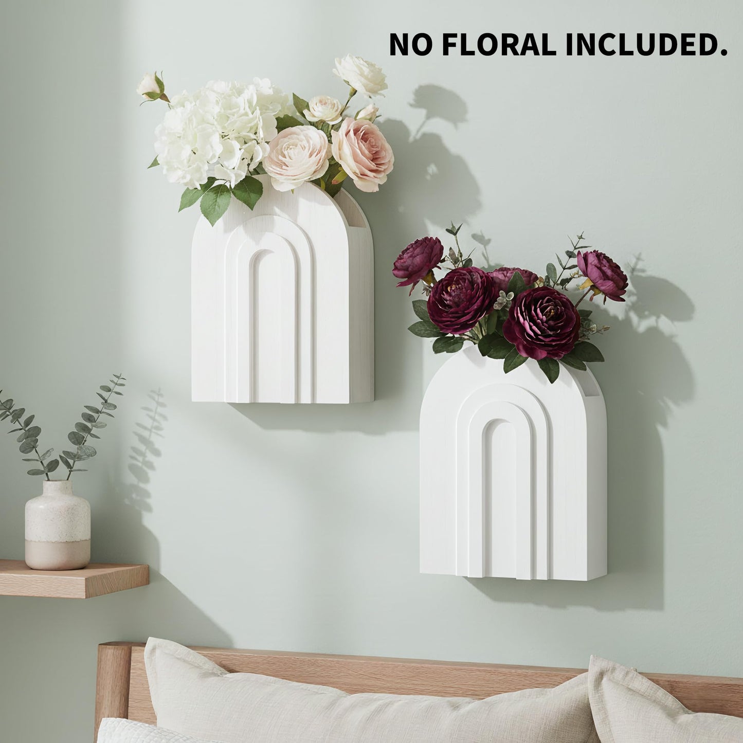 2 Pack White Wooden Wall Vase for Pampas Grass & Dried Flowers, Modern Farmhouse Decor for Bathroom Wall Decor, Rustic Wall Plant