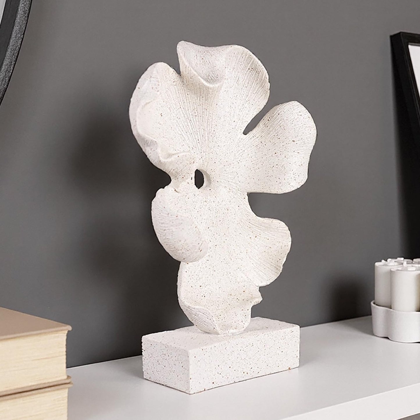 WeiRanHuiWu Abstract Flower Sculpture, White Speckled Resin, 10.63 x 6.3 x 2.56 in, Modern Decorative Figurine on Base