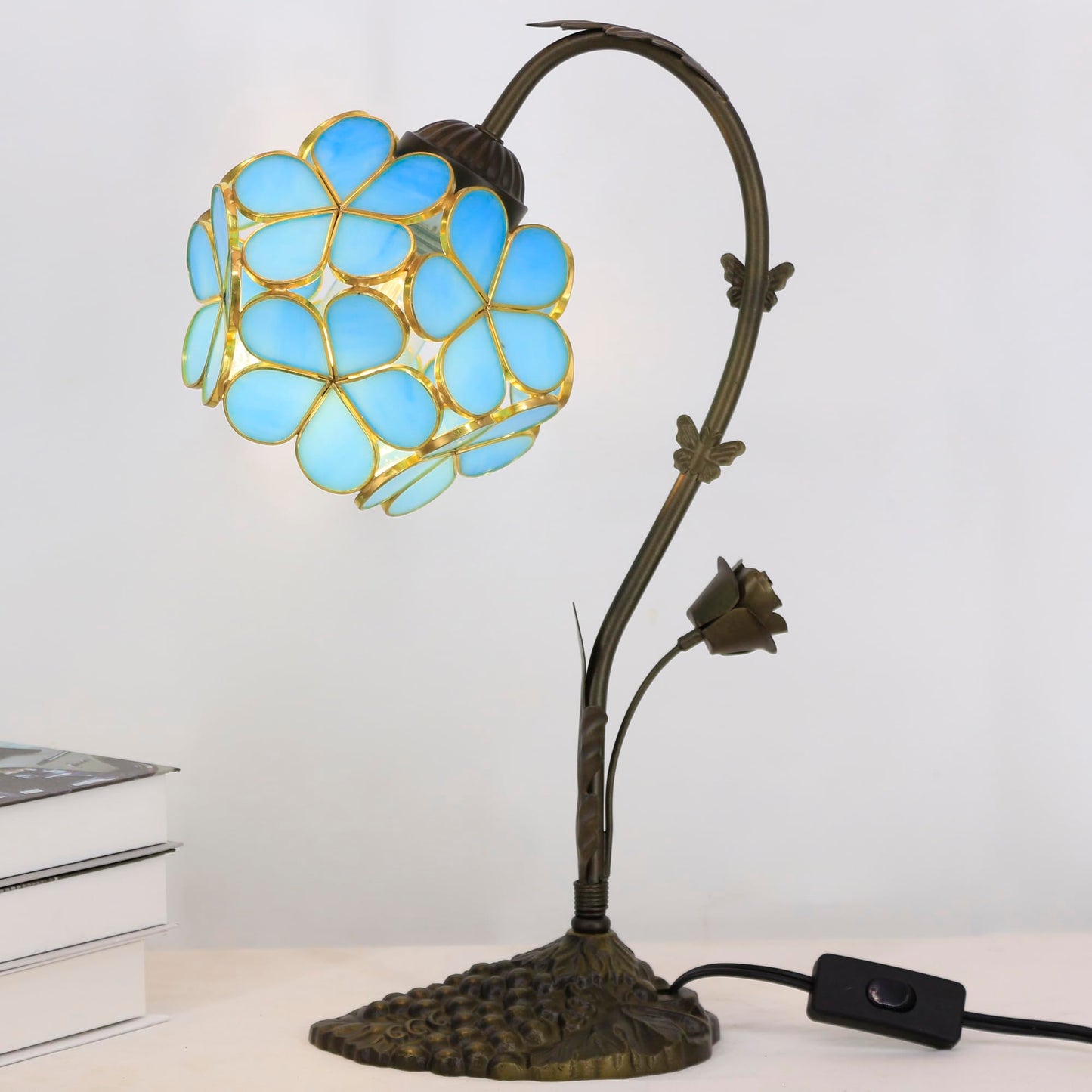 L-Juicwe Tiffany Stained Glass Table Lamp Blue Flower Petal Style 10×6×16 Inches Bedroom Office Reading Light