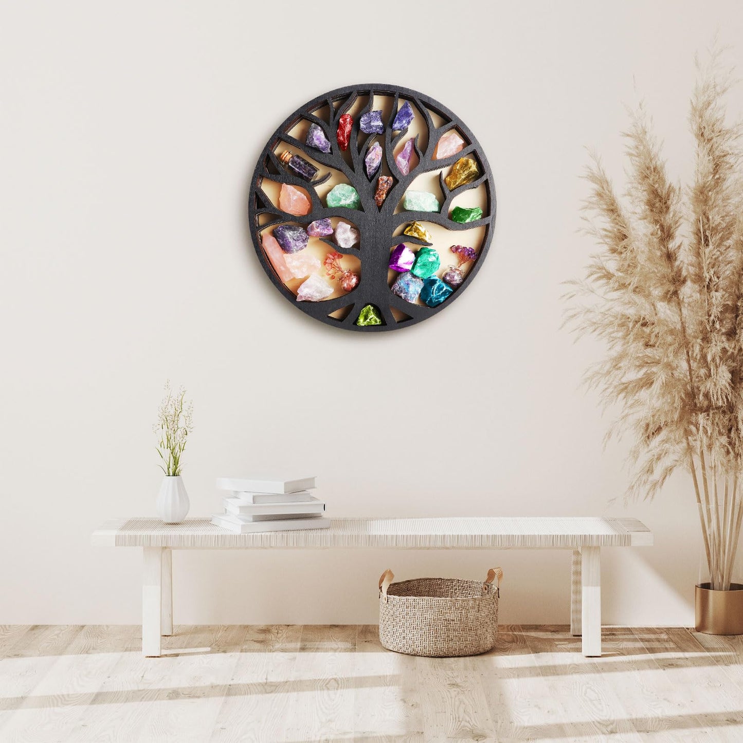 Wooden Crystal Display Shelf Tree of Life Floating Shelf for Rocks, Stones, Crystals, Essential Oils Storage, Wall Mounted Shelf, Gothic Rustic Boho Style Wall Art Decor, 11.8x11.8 inches