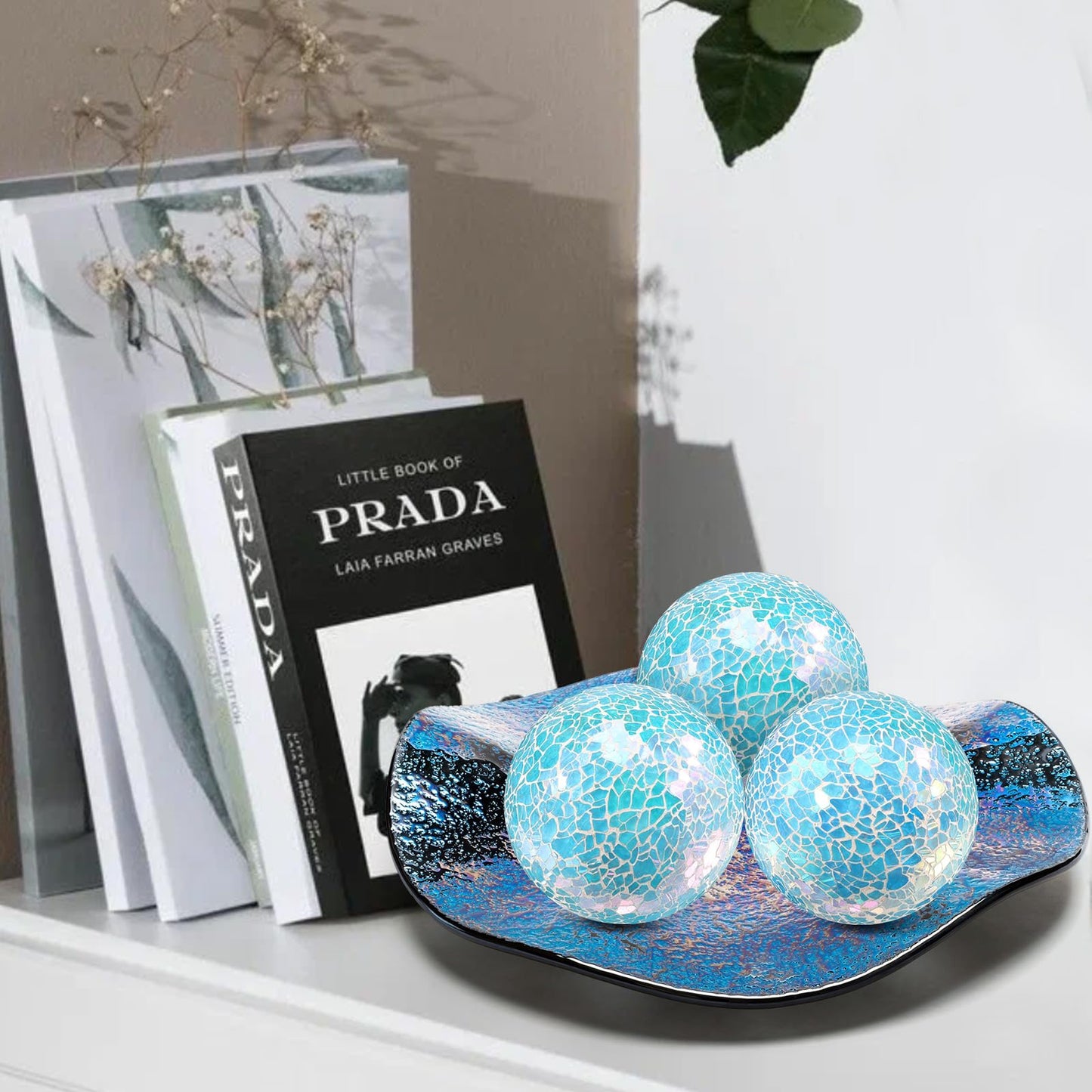 ginojex 3Pcs Mosaic Glass Orbs Decorative Balls Set 8.5cm/3.35inch Blue Sphere Wedding Party Home Decor Table Centerpiece