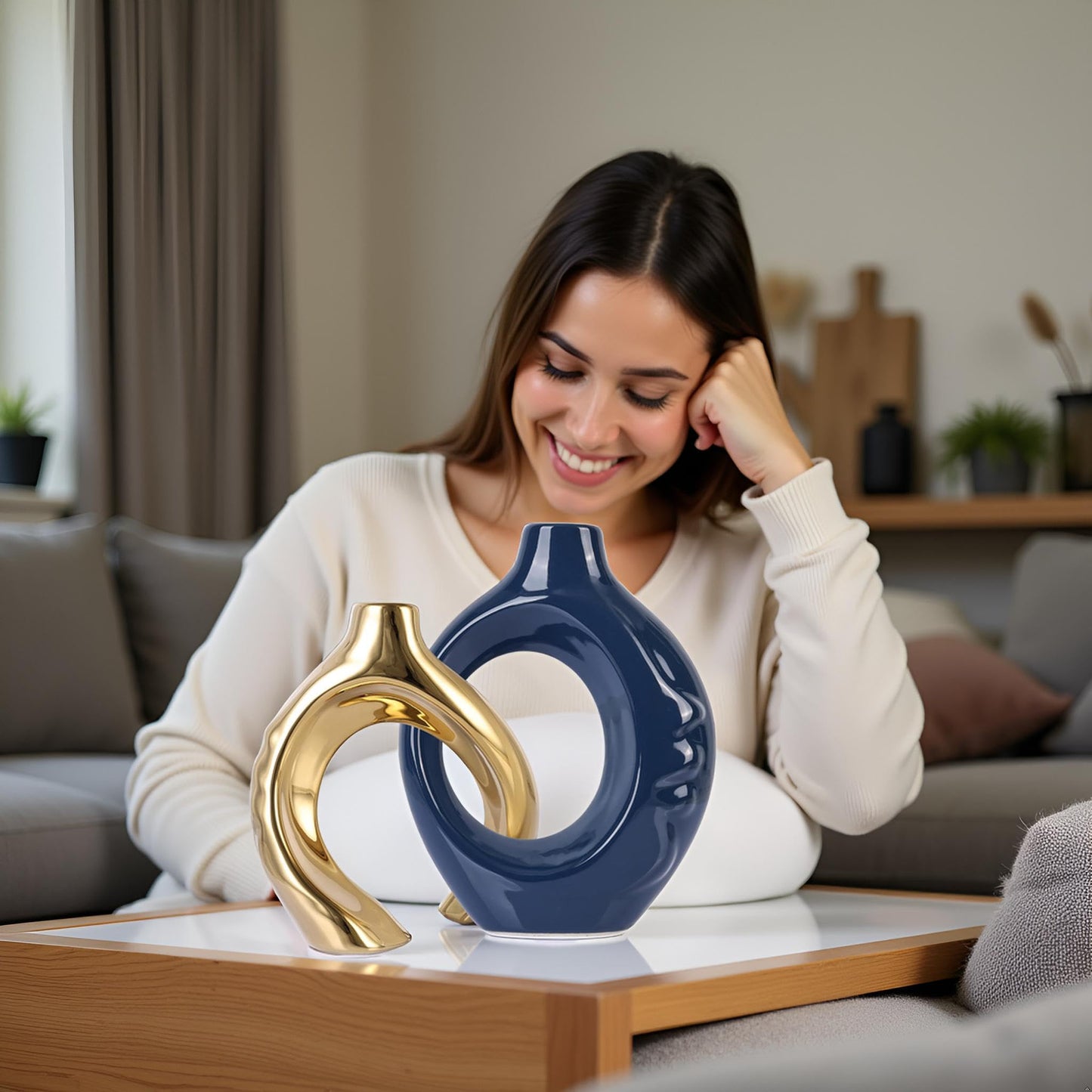 LCCCK Blue and Gold Ceramic Vases for Home Decor, Boho Vase for Flowers Pampas Grass Decorative, Navy Blue Hollow Donut Small Vase for Living Room Table Wedding Centerpiece Modern Vases